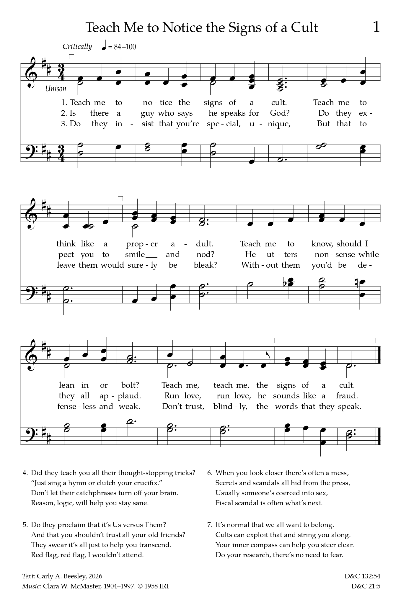 Sheet music for Teach Me to Notice the Signs of a Cult, a hymn parody in seven verses, text by Carly A. Beesley